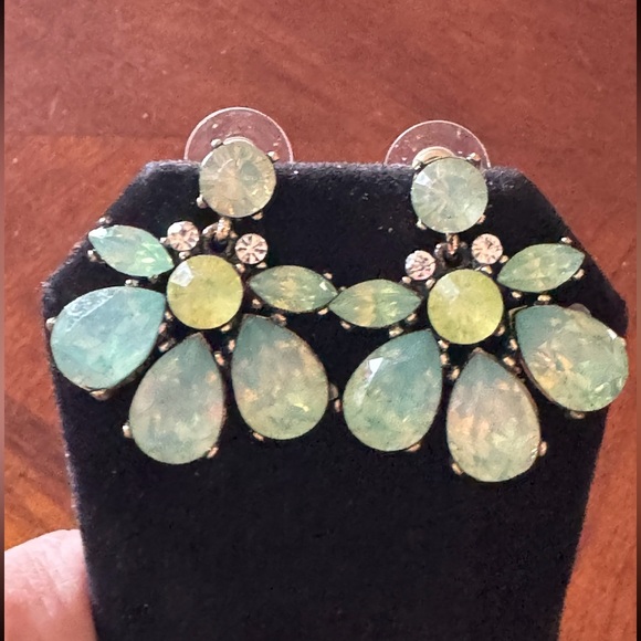 Milky Green, Blue Opalite,  Rhinestone Geometric, Iridescent Luxury Earrings - Picture 5 of 7